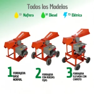 Línea de picadoras forrajeras modelos base, ruedas fijas y elevada con motores nafta diésel o eléctrico